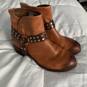 Brown Leather Ankle Boots with Studded Strap